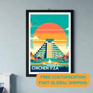 May include: A framed art print featuring a colorful illustration of Chichen Itza, a Mayan pyramid, under a vibrant sunset. The artwork has a teal sky, orange sun, and the text "CHICHEN ITZA".