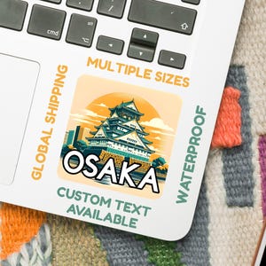 Osaka Castle Japan Aufkleber - Wasserfester Vinyl- oder Papier-Reiseaufkleber (5-15 cm) - Japanisches Wahrzeichen Souvenir - Benutzerdefinierte Textoption