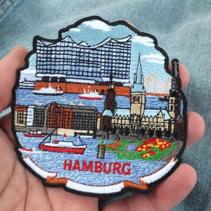 Hamburg Iron On Patch – Elbphilharmonie & Speicherstadt Design – Germany Travel Souvenir – Embroidered City Patch for Backpack or Jacket