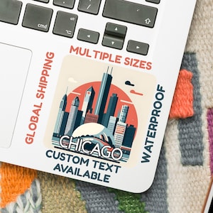 Adesivo Chicago – Decalque The Bean & Skyline (5–15 cm) – Vinil à prova d'água ou papel brilhante – Arte da cidade de Chicago – Opção de texto personalizado