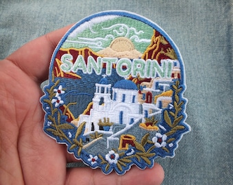 Santorini Greece Patch Blue Dome Church Sea View Embroidered Iron On Hook and Loop Greek Island Travel Souvenir World City Vacation Keepsake