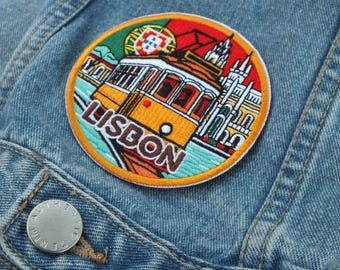 Lisbon Travel Patch Portugal Iron On Embroidered Patches Europe Tote Bag Badge Handmade Christmas Gift Yellow Tram Vacation Keepsake