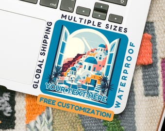 Santorini Greece Travel Sticker – White Blue Buildings Vinyl Decal, Greek Island Laptop Sticker, Vacation Planner Scrapbook Sticker