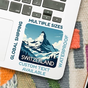 Sticker Zwitserland – digitale afbeelding van de Matterhorn – waterdicht vinyl of glanzende reissticker (5–15 cm) – optie aangepaste tekst