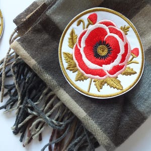 Poppy Flower Patch – Large Iron On Red Floral Appliqué – Embroidered Patch for Jackets & Bags - Large Embroidered Flower