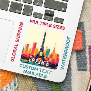 Sticker Paris - Tour Eiffel illustration numérique - Art de voyager en France (5-15 cm) - Vinyle imperméable ou papier glacé - Option de texte personnalisé
