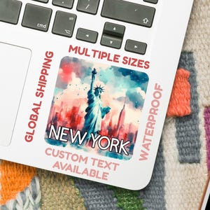 Adesivo de Nova York – Estátua da Liberdade em aquarela (5–15 cm) – Adesivo de viagem para os EUA – Vinil brilhante ou à prova d'água – Opção de texto personalizado