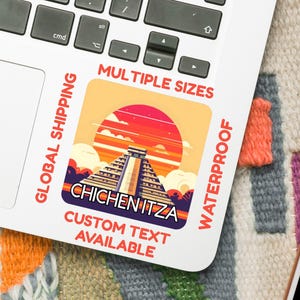 Sticker Mexique - Art numérique Chichen Itza vibrant - Vinyle imperméable ou sticker de voyage brillant (5-15 cm) - Option de texte personnalisé