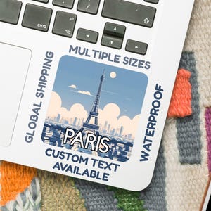 Sticker Paris – Illustration numérique de la Tour Eiffel – Vinyle imperméable ou sticker de voyage brillant (5-15 cm) – Option de texte personnalisé