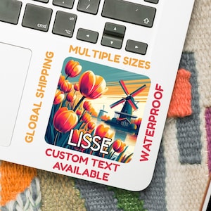 Adesivo da Holanda – Tulipas e Moinho de Vento – Arte Digital (5–15 cm) – Adesivo de Viagem Holandês – Vinil à Prova D'água ou Brilhante – Opção de Texto Personalizado