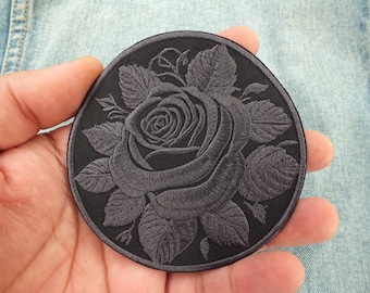 Parche redondo de rosa negra termoadhesivo bordado, aplique de flor gótica, parche para ropa personalizada, insignia para coser, suministros para manualidades