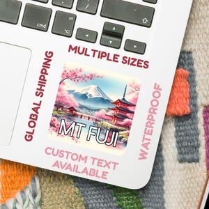 Pegatina de acuarela del Monte Fuji: Flores de cerezo y pagoda roja - Arte de viaje a Japón (5-15 cm) - Vinilo impermeable o papel brillante - Texto personalizado