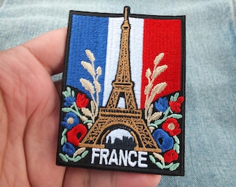 Eiffel Tower Iron On Patch Large Flag of France Embroidered Handmade Patch Colorful Sew On Travel Patch for Jacket Poppy Flower Patch Paris