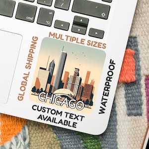 Adesivo Chicago – Decalque The Bean & Skyline (5–15 cm) – Vinil à prova d'água ou papel fosco – Arte de paisagem urbana – Texto personalizado para lembrança de viagem