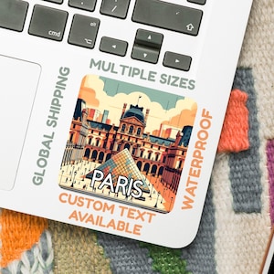 Sticker Parijs – Digitale afbeelding van het Louvre – waterdicht vinyl of glanzend reisstickers (5–15 cm) – optie aangepaste tekst