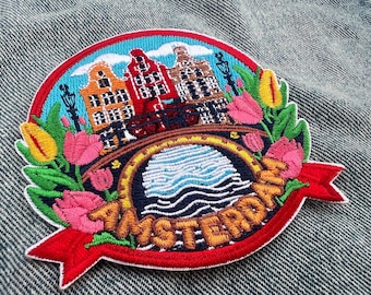 Parche de viaje a Ámsterdam para planchar, parche de viaje de país, parche bordado a mano, parche bordado personalizado de los Países Bajos, parche de viaje con cierre de velcro.