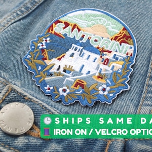 Santorini Iron On Travel Patch Gift Greece Fridge Magnet Embroidered Europe City Patches Detailed Fine Art Print DIY Clothing Craft Supplies