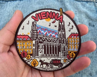 Parche de viaje de Viena, bordado para planchar, accesorio de viaje de Austria, para coser en chaqueta de viaje, regalo para viajeros, parches de viaje con cierre de velcro.