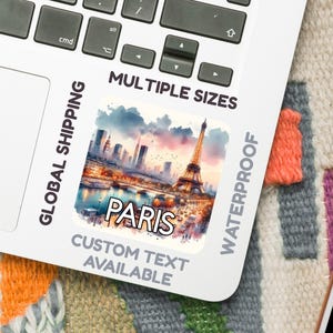 Sticker Paris – Illustration aquarelle de la Tour Eiffel (5-15 cm) – Vinyle imperméable ou sticker de voyage brillant – Souvenir de France – Texte personnalisé
