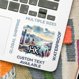 Adesivo Hong Kong – Decalcomania acquerello Victoria Harbour (5–15 cm) – Vinile impermeabile o carta opaca – Arte di viaggio in Asia – Opzione testo personalizzato