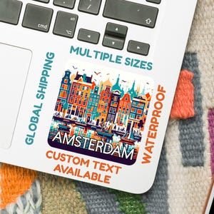 Pegatina de viaje de Ámsterdam o vinilo impermeable: diseño de paisaje urbano holandés en tamaños de 5 a 15 cm para portátiles, botellas y diarios.