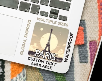 Könnte beinhalten: Ein Aufkleber mit einer Vintage-Illustration des Eiffelturms in Paris, Frankreich. Der Aufkleber trägt den Text "Paris" in fetter Schrift und die Worte "Individuelle Texte verfügbar" darunter. Der Aufkleber enthält auch den Text "Mehrere Größen" und "Wasserdicht" an den Seiten.