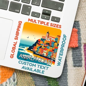 Sticker côte amalfitaine - Bâtiments côtiers colorés - Sticker de voyage en vinyle imperméable ou brillant pour l'Italie (5-15 cm) pour scrapbooking et cadeaux