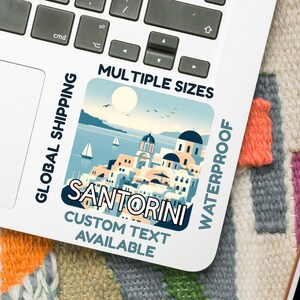 Sticker Santorin - Dôme d'églises bleu et blanc (5-15 cm) - Vinyle imperméable ou papier glacé - Sticker de voyage Grèce - Option de texte personnalisé