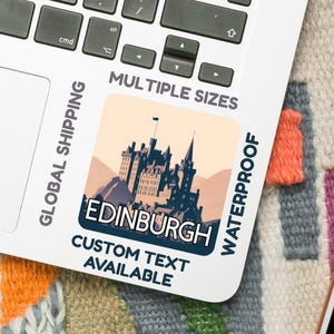 Adesivo del Castello di Edimburgo – Adesivo con punto di riferimento scozzese (5–15 cm) – Vinile impermeabile o carta opaca – Arte turistica di Edimburgo – Opzione testo personalizzato