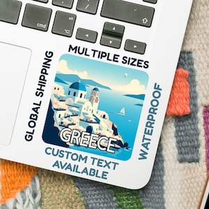 Sticker Santorini Grèce - Dôme bleu églises et mer (5-15 cm) - Vinyle imperméable ou brillant - Art de voyage - Option de texte personnalisé