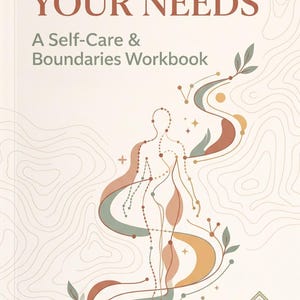 Könnte beinhalten: Ein Arbeitsbuch mit dem Titel MAPPING YOUR NEEDS A Self-Care & Boundaries Workbook. Das Cover hat einen cremefarbenen Hintergrund mit dünnen braunen topografischen Linien, einer gepunkteten menschlichen Umrissfigur und abstrakten Formen.