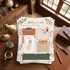 Könnte beinhalten: Ein Tagesplaner-Blatt mit Abschnitten für Goal For Today, Urgent, Task List, Appointment und Notes. Das Design enthält botanische Illustrationen von Eukalyptus und Blumen sowie Textüberschriften und dekorative Klebeband-Akzente in Erdtönen.