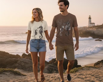 Camiseta de acuarela de caballito de mar, camiseta con estampado de vida marina, camiseta playera con estética playera, top con animales marinos náuticos