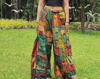 My Thai Pants - unique wide cut flared hippie boho patchwork vintage pants palazzo bell bottoms jeans chill denim for women with 2 pockets