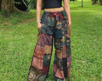 Pantalones My Thai - pantalones anchos únicos estilo hippie boho patchwork vintage palazzo acampanados vaqueros de mezclilla relajados para mujer con 2 bolsillos