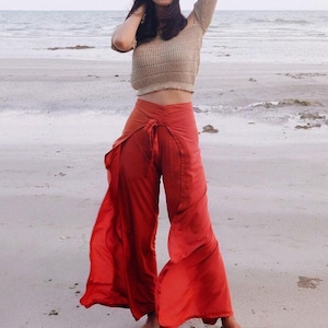 My Thai Pants - sunset red traditional wrap pants skirt sarong pareo wide leg vegan fisherman pants trousers culotte palazzo women and men