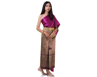 Princesse d'Asie - Robe de mariée traditionnelle thaïlandaise lao khmère Chut Chakkri > 3 pièces : jupe portefeuille thaïlandaise (Pha Nung) + haut portefeuille (Sabai) + ceinture