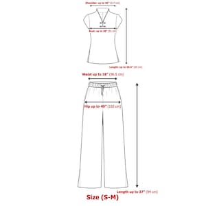 May include: Size chart for a women's clothing set, showing measurements in inches and centimeters. The set includes a short-sleeved top with a mandarin collar and a pair of wide-leg pants. The top has a length of up to 25.5 inches (65 cm), a bust measurement of up to 36 inches (91 cm), and a shoulder measurement of up to 36 inches (117 cm). The pants have a waist measurement of up to 38 inches (96.5 cm), a hip measurement of up to 40 inches (102 cm), and a length of up to 37 inches (94 cm). The size is S-M.