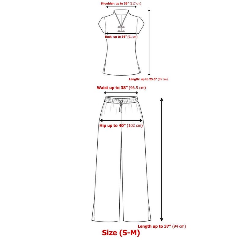 May include: Size chart for a women's clothing set, showing measurements in inches and centimeters. The set includes a short-sleeved top with a mandarin collar and a pair of wide-leg pants. The top has a length of up to 25.5 inches (65 cm), a bust measurement of up to 36 inches (91 cm), and a shoulder measurement of up to 36 inches (117 cm). The pants have a waist measurement of up to 38 inches (96.5 cm), a hip measurement of up to 40 inches (102 cm), and a length of up to 37 inches (94 cm). The size is S-M.