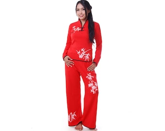 Princess of Asia - red women bamboo loungewear set tai chi uniform meditation traditional chinese asian yoga t-shirt pants tracksuit pajama