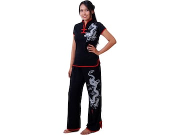 Princess of Asia - black women dragon loungewear set tai chi uniform meditation traditional chinese asian yoga shirt pants tracksuit pajama