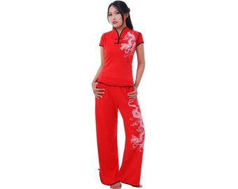 Princess of Asia - red women dragon loungewear set tai chi uniform meditation traditional chinese asian yoga t-shirt pants tracksuit pajama