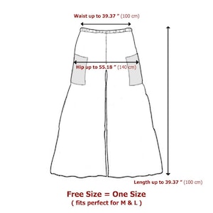 May include: Line drawing of a skirt with two pockets. The skirt is one size and fits sizes M and L. The waist measures up to 39.37 inches (100 cm), the hips measure up to 55.18 inches (140 cm), and the length measures up to 39.37 inches (100 cm).