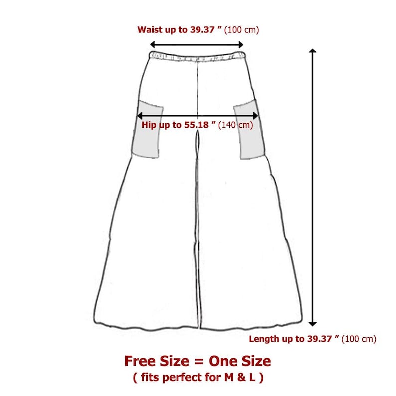 May include: Line drawing of a skirt with two pockets. The skirt is one size and fits sizes M and L. The waist measures up to 39.37 inches (100 cm), the hips measure up to 55.18 inches (140 cm), and the length measures up to 39.37 inches (100 cm).