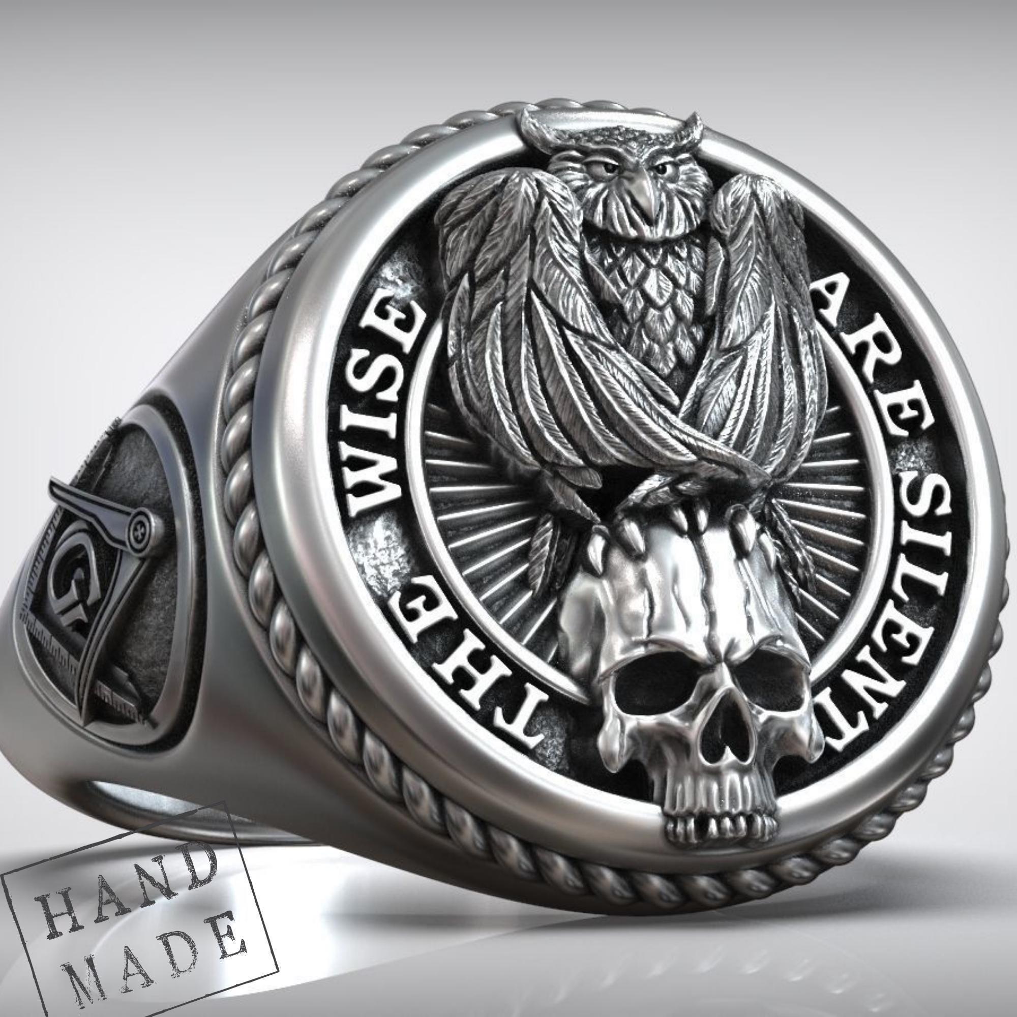 925K Silver Owl Skull Signet Ring: Masonic Freemason Symbol, Handmade