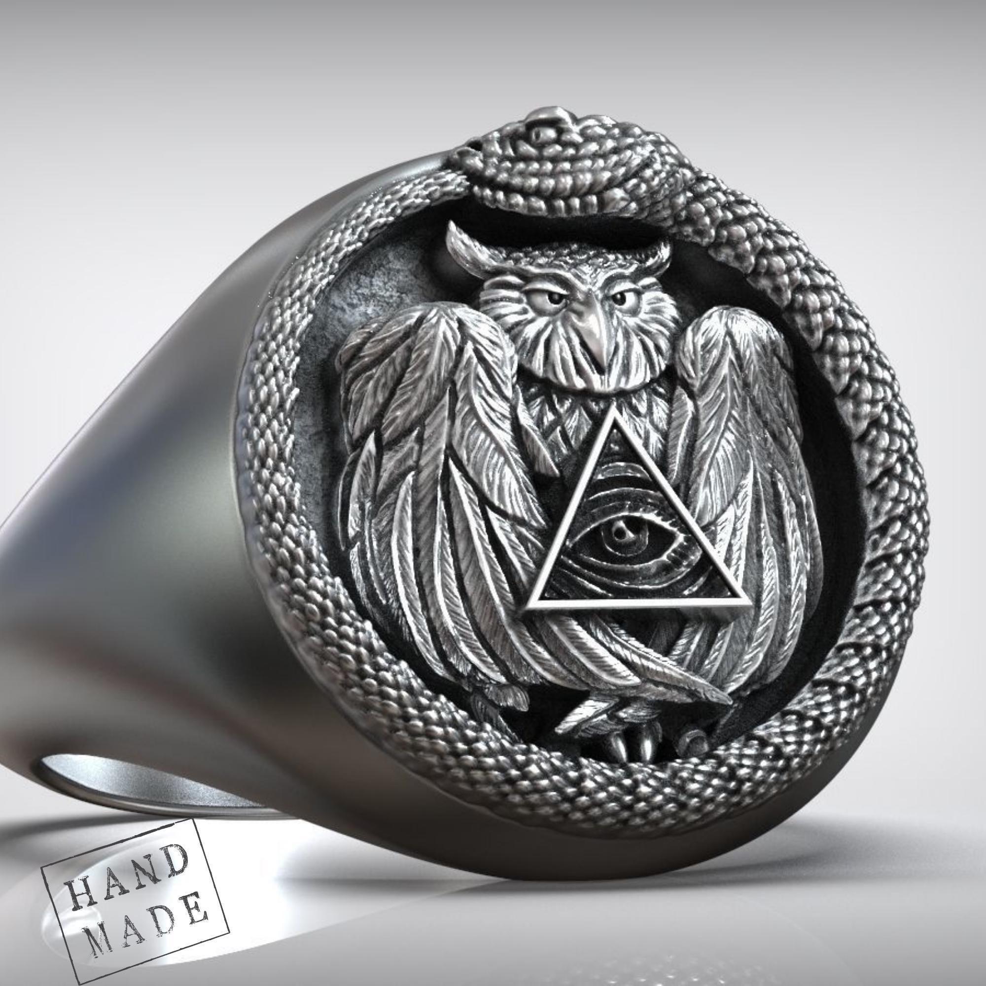 Handmade Oxidized Silver Ouroboros Owl Ring, Eye of Providence