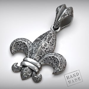 Fleur de Lis Pendant: 925K Silver Royal Lily Necklace, Baroque Style