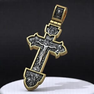 Orthodox Crucifix Pendant – Jesus Christ on Engraved Byzantine Cross with Saints and Archangels, Slavic Christian Faith Jewelry,Gift for Him