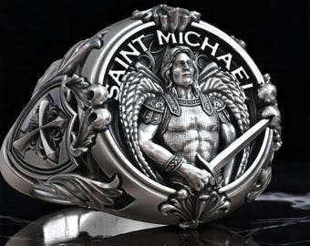 Saint Michael Archangel Sterling Silver Signet Ring – Gothic Protection Jewelry