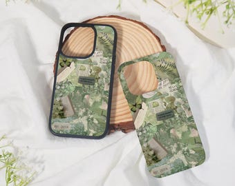 May include: Two phone cases with a green and white collage design featuring butterflies, botanical elements, and text. One case has a black border. The cases are displayed on a wooden slice and white fabric.